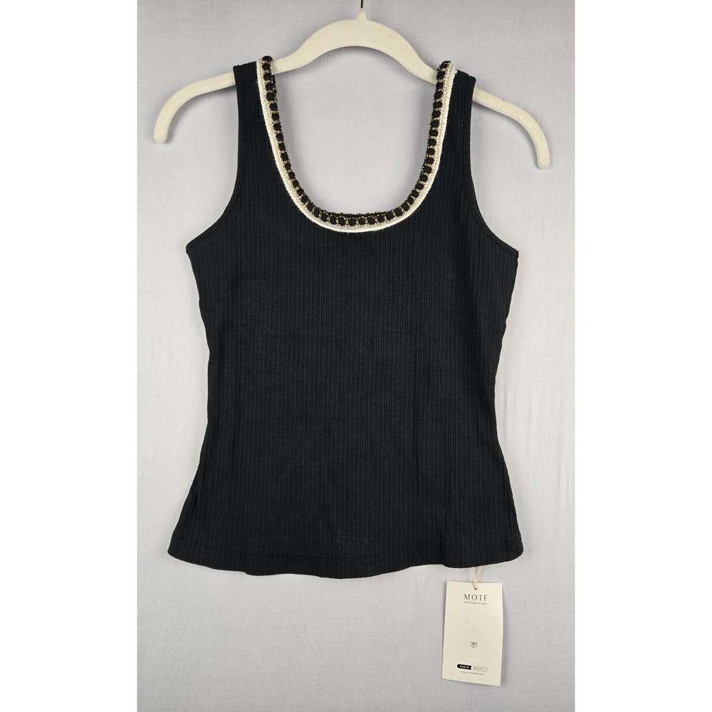 MOTF Naturally Chic Black Ribbed Tank Top Braided Gold Trim XS JIT27920539